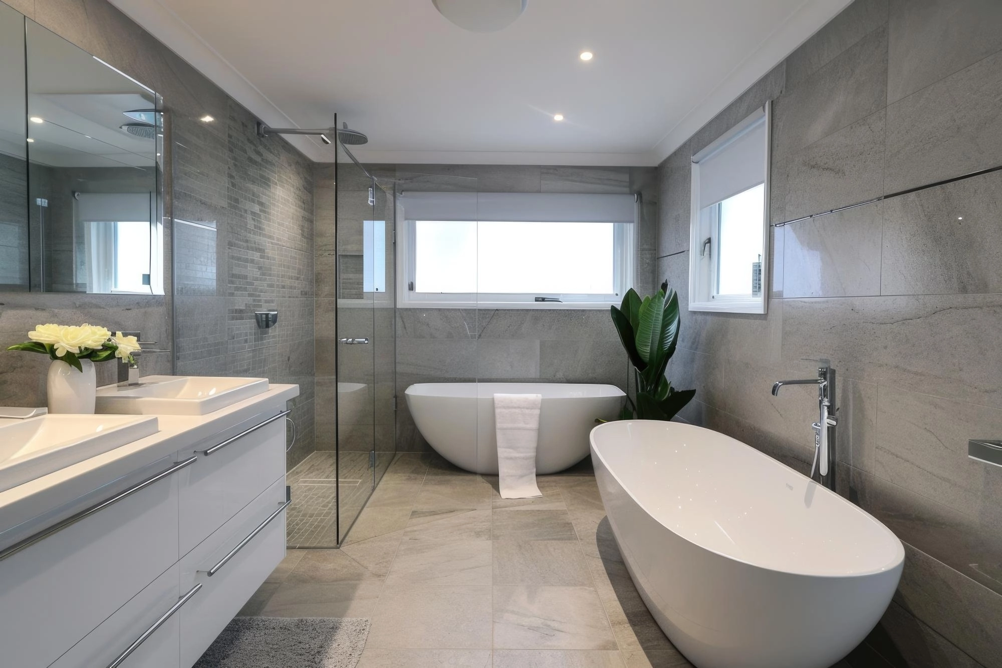A spacious modern bathroom with gray stone tiled walls and floor, a large mirror, a white floating vanity with double sinks, a glass-enclosed shower, a freestanding white bathtub with a towel draped over it, a potted plant, white flowers in a vase, and large windows with white blinds.